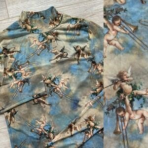 Sweet Lilac Medium Cherub Angel Cloud Blue And Tan Long Sleeve Sheer Top